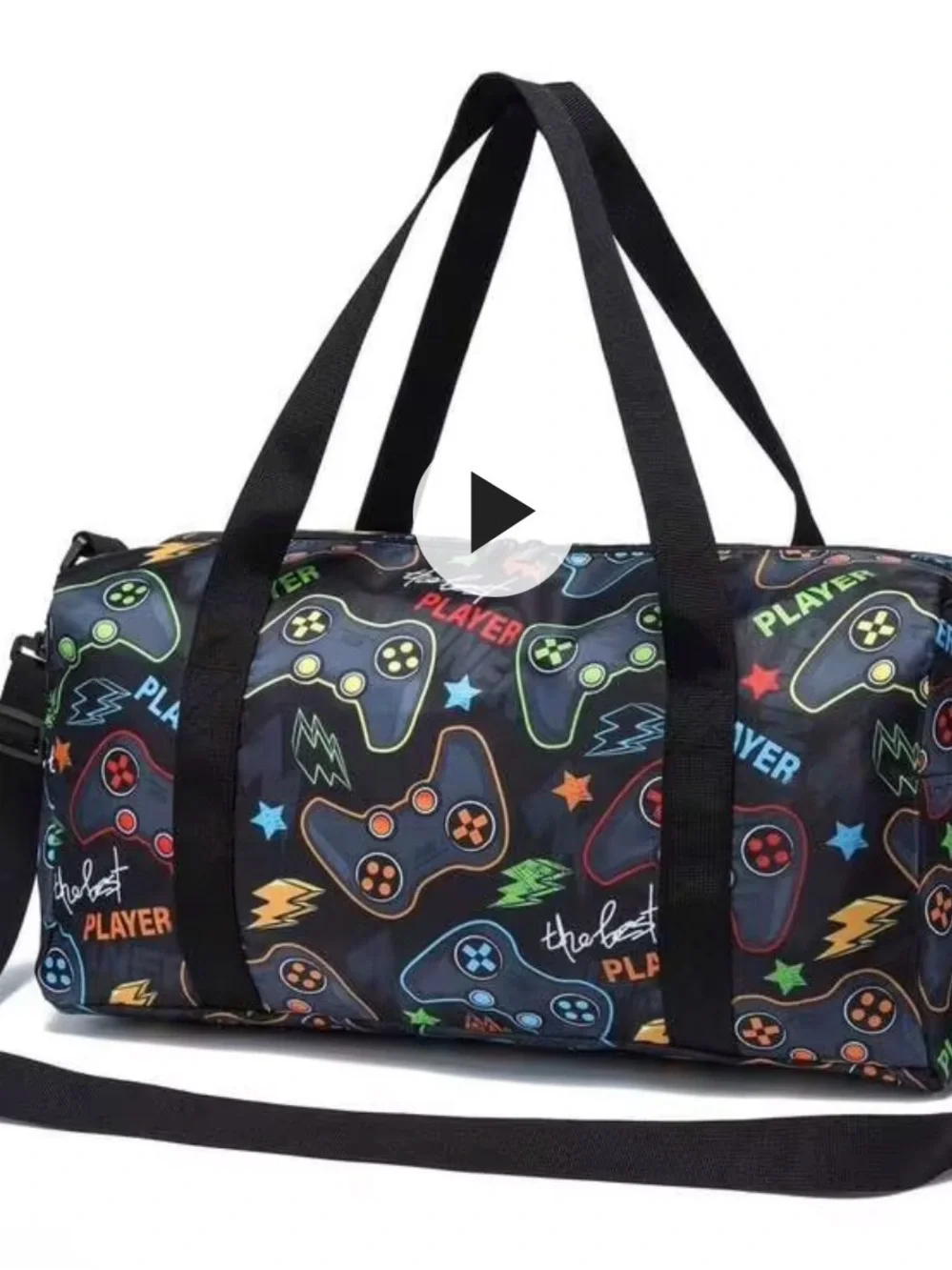 Black Gaming Controller Print Duffel Bag - Kids Travel Tote